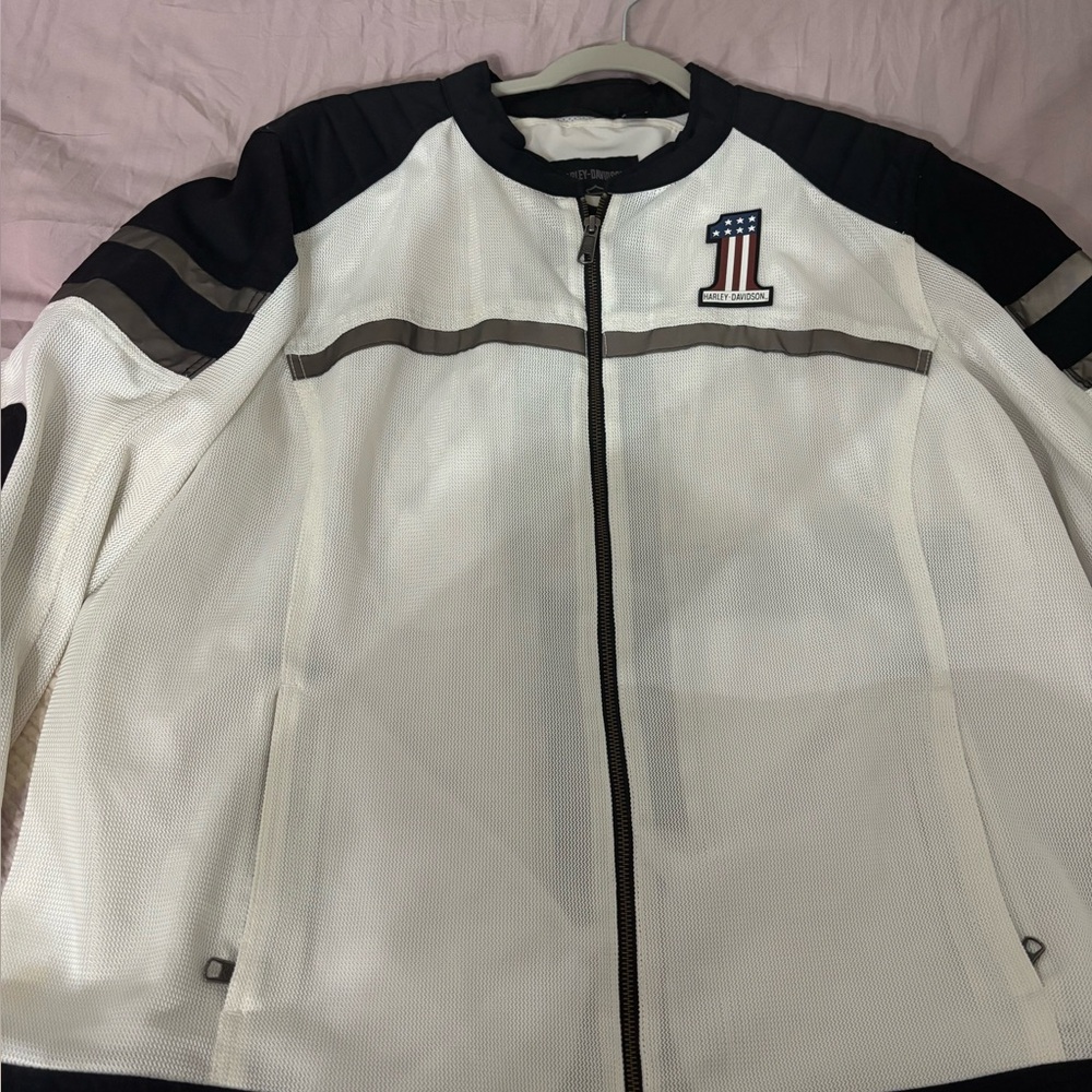 White and Black Zip-Up Harley Davidson Riding Jacket
